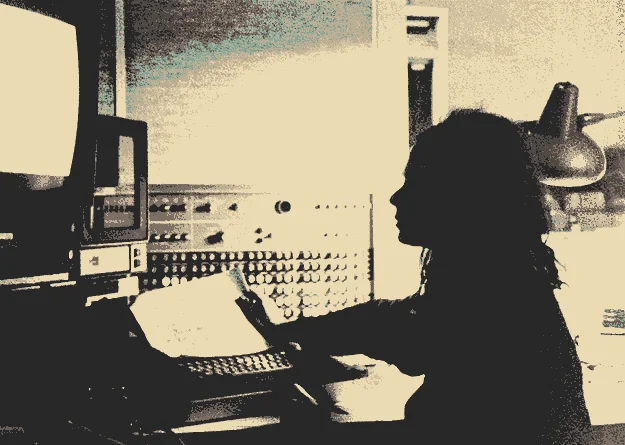 Composer Laurie Speigel working with a computer at Bell Labs.